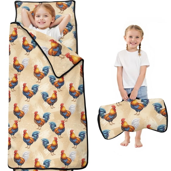 Rooster and Brushstroke Cream Pattern Teens Toddler Nap Mat with Pillow, Sleeping Mat Bag for Preschool Daycare 60"x20"