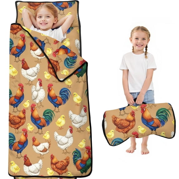 Rooster and Chick Brown Pattern Teens Toddler Nap Mat with Pillow, Sleeping Mat Bag for Preschool Daycare 59"x22"