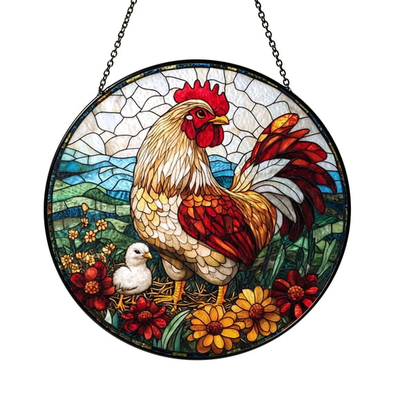 Rooster and Chick Stained Glass Panel – Colorful Farm Animal Window Hanging for Home Decor