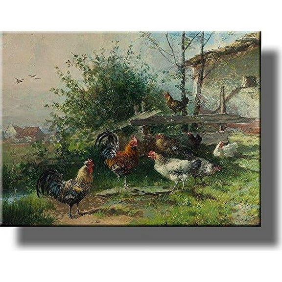 Rooster and Chicken Hens, Farm Animals Wall Picture on Stretched Canvas, Wall Art Decor, Ready to Hang!