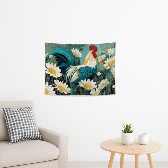 Rooster and Daisy Blue Tapestry, Floral Farmhouse Wall Art, Spring Aesthetic Decor for Living Room, Bedroom, Dorm, Home Decoration 40x30 Inch