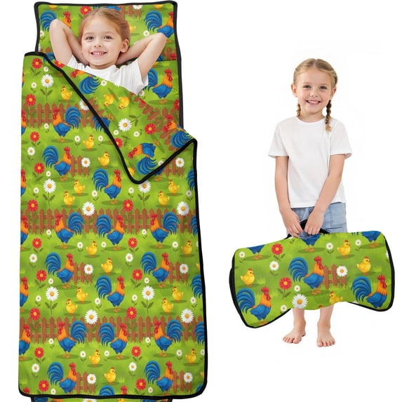 Rooster and Daisy Green Pattern Teens Toddler Nap Mat with Pillow, Sleeping Mat Bag for Preschool Daycare 59"x22"