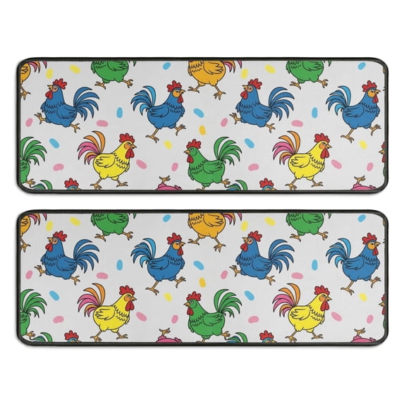 Rooster and Doodle White Pattern Anti Fatigue Kitchen Rugs Set Of 2, Non Slip Washable Decorative Floor Mats for Sink Laundry and Home Use, 17"x47"
