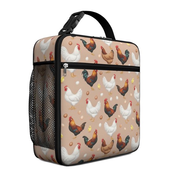 Rooster and Egg Brown Pattern Insulated Lunch Bag Teens,Lunch Box for Men Women for Work,Picnic or Travel,10.2x9.5x4.3 Inches,8 Can Capacity