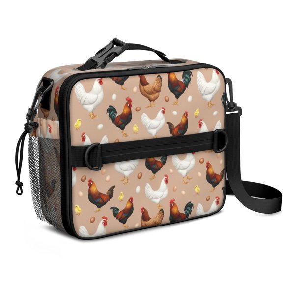 Rooster and Egg Brown Pattern Insulated Lunch Bag with Shoulder Strap and Bottle Holder,Bento School Lunch Bag Box,11x9.5x3.5 Inches