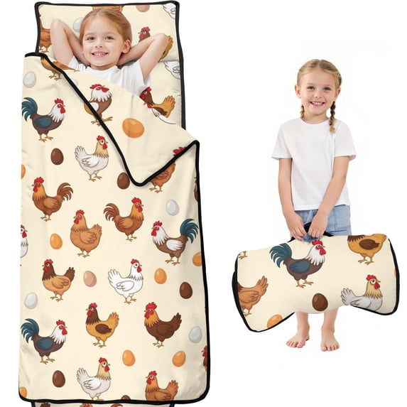Rooster and Egg Cream Pattern Teens Toddler Nap Mat with Pillow, Sleeping Mat Bag for Preschool Daycare 60"x20"