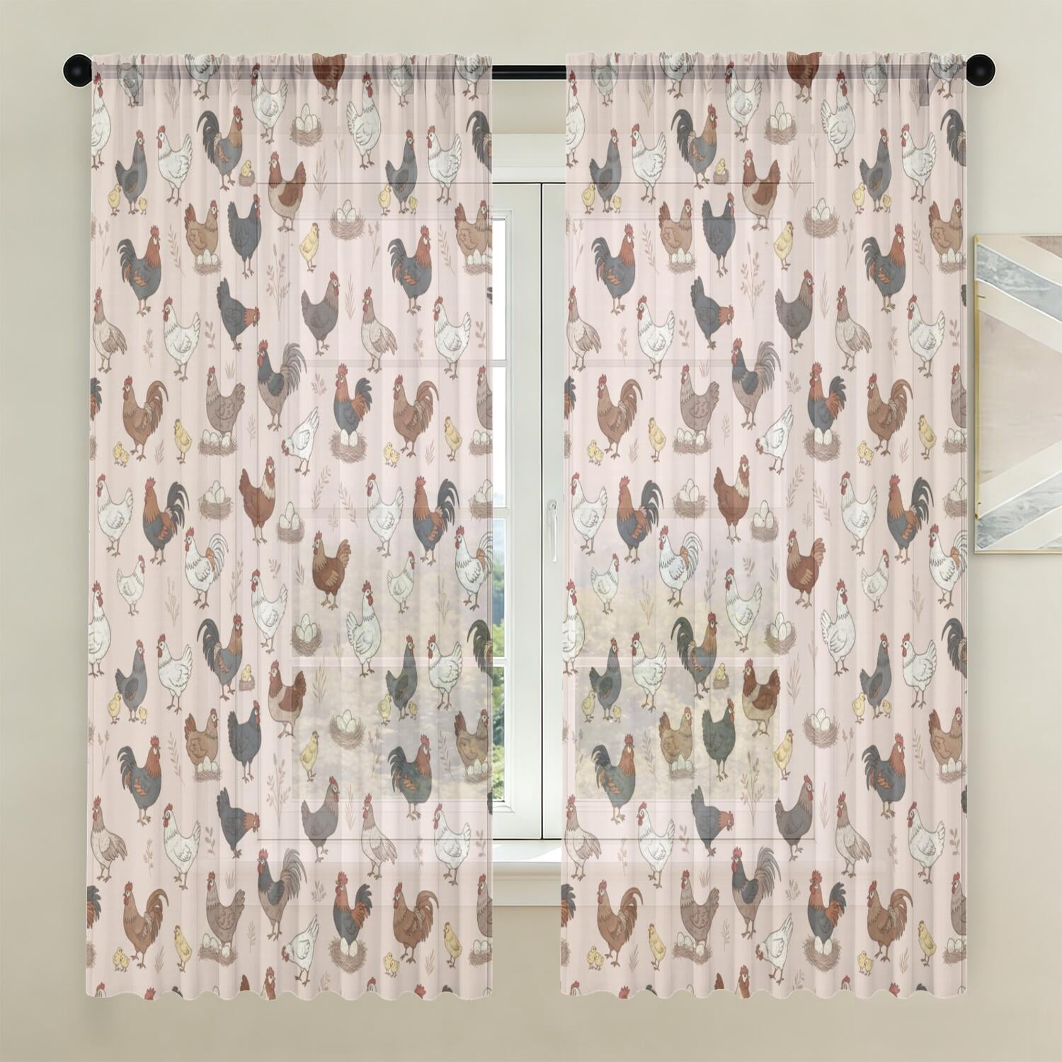 Rooster and Egg Pink Pattern Sheer Curtains, Rod Pocket Sheer Drapes ...