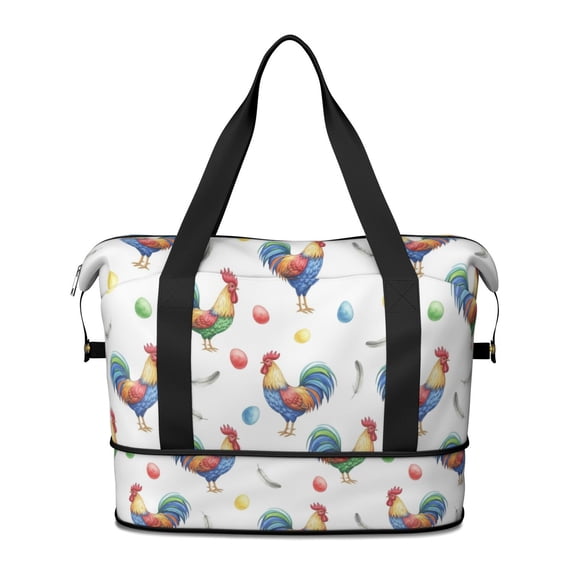 Witite Pattern Rooster and Egg White Pattern Expandable Travel Tote Bag, Work Shopping ...