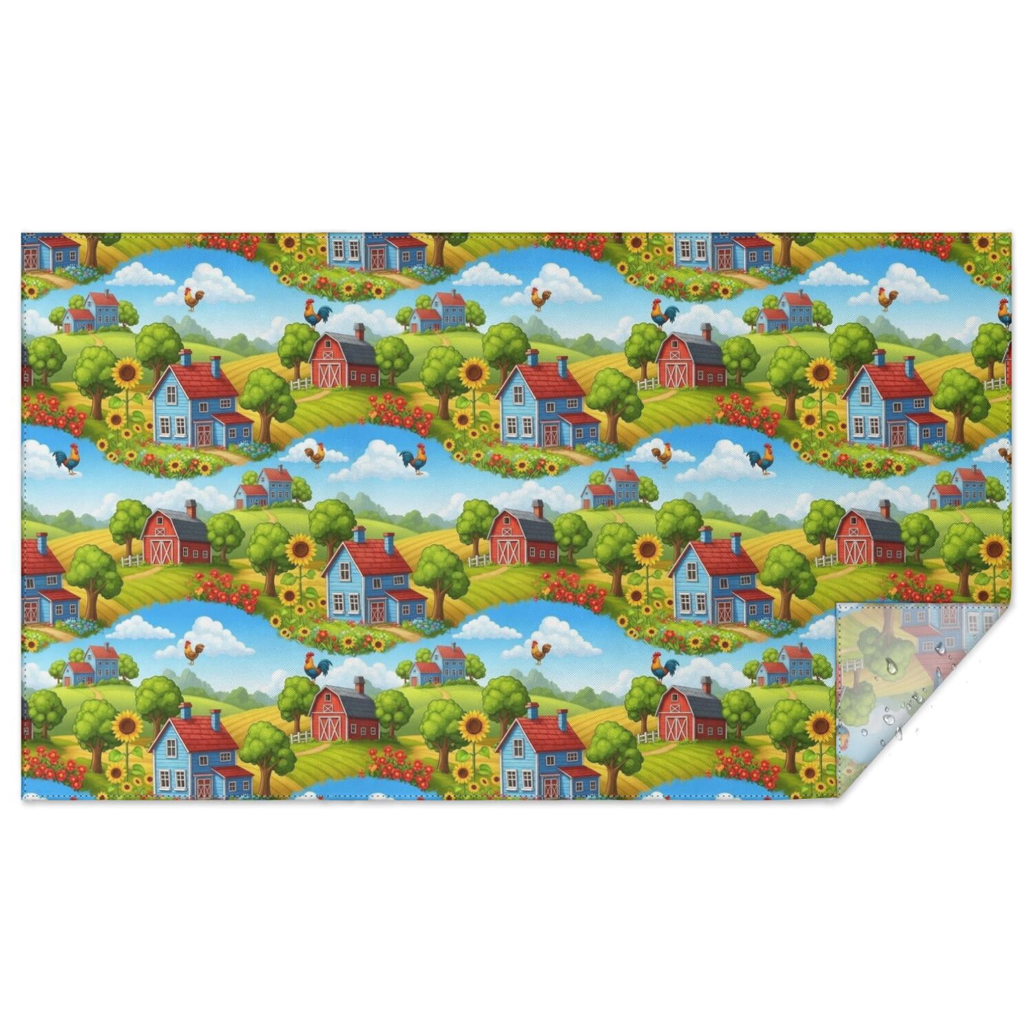 Rooster and Farm Blue Pattern Waterproof Tablecloth, Rectangular Fabric ...