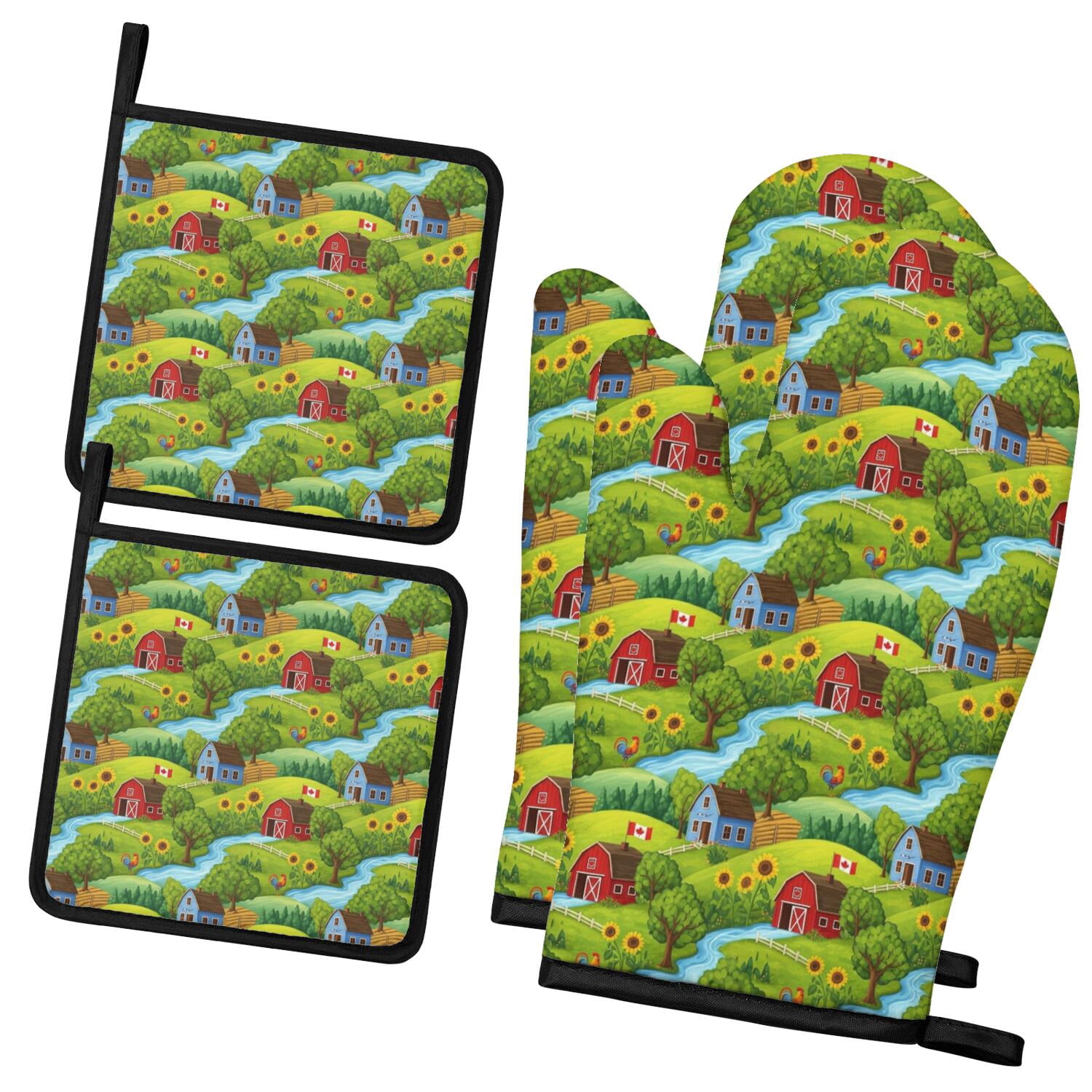 Rooster and Farm Green Pattern 2 Pack Oven Mitts Pot Holders Set ...