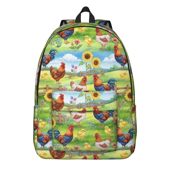 Rooster and Farm Green Pattern Backpack for School, Cute School Bag with Adjustable Shoulder Straps and Padded Back, 15.7"x11.8"x5.5"