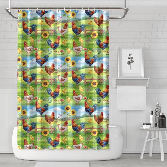 Rooster and Farm Green Pattern Modern Waterproof Shower Curtain Set with 12 Hooks, Washable Decorative Bathroom Shower Curtain