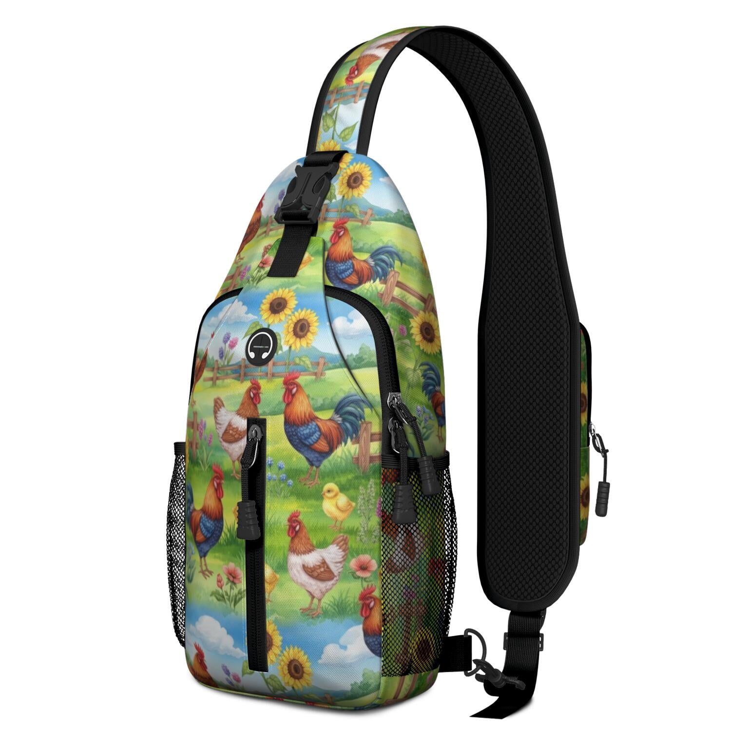 Outdoor Ranch Decor Ideas Rooster and Farm Green Pattern Sling Backpack, Cycling Sling Bag with ...