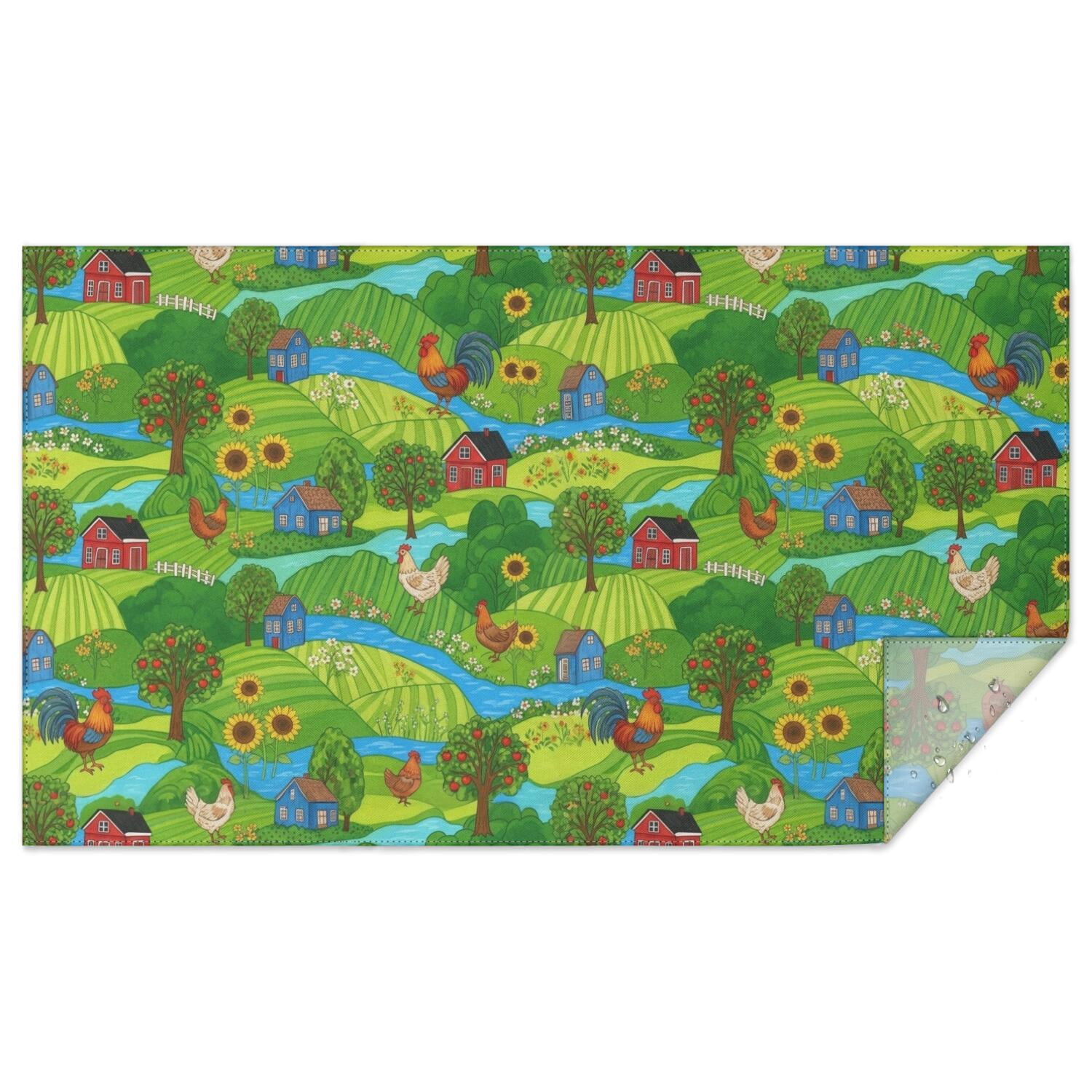 Green Tablecloth Pattern Rooster and Farm Green Pattern Waterproof Tablecloth, Rectangular ...
