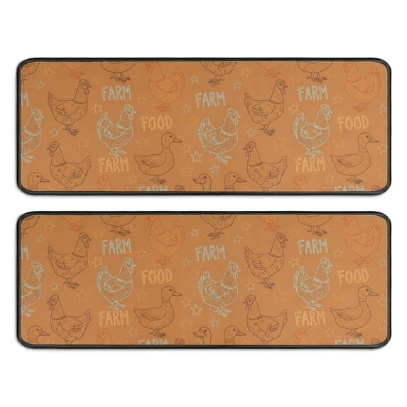 Rooster and Farm Orange Pattern Anti Fatigue Kitchen Rugs Set Of 2, Non Slip Washable Decorative Floor Mats for Sink Laundry and Home Use, 17"x47"