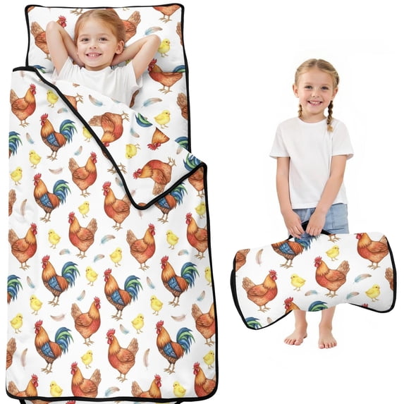 Rooster and Feather White Pattern Teens Toddler Nap Mat with Pillow, Sleeping Mat Bag for Preschool Daycare 51"x22"