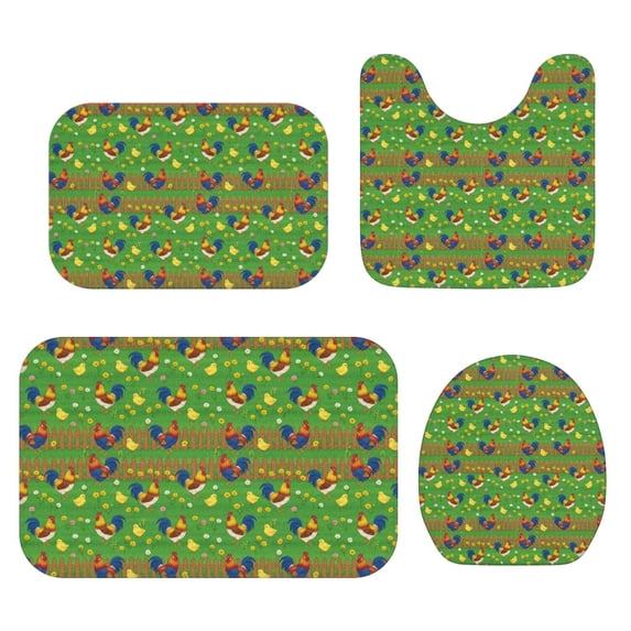 Green Solid Pattern Rug Rooster and Fence Green Pattern Bathroom Rug Set 4 Piece,Includes ...