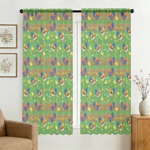 Simpl Patten Rooster and Fence Green Pattern Sheer Curtains, Voile Drapes with Dual ...