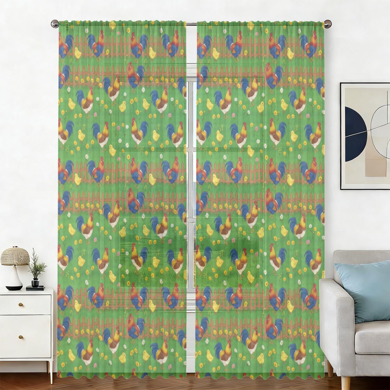 Rooster and Fence Green Pattern Sheer Curtains, Voile Drapes with Dual ...