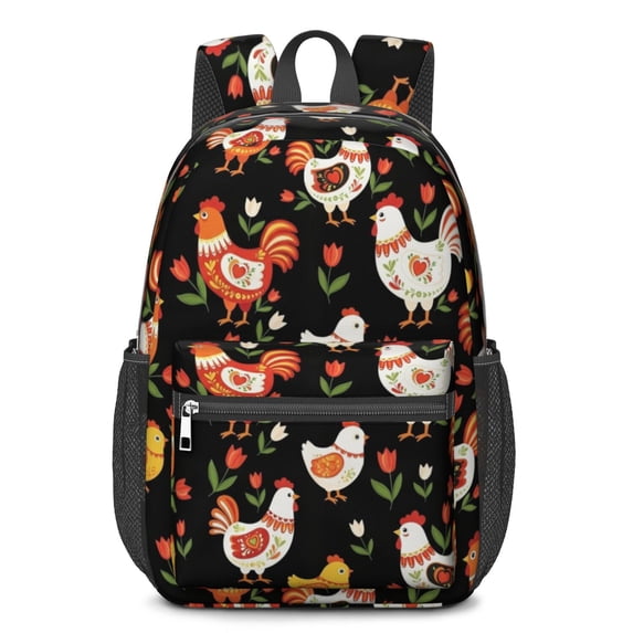 Rooster and Floral Black Pattern 17" School Backpacks for Teens,Waterproof Oxford Fabric,S-Shape Padded Straps for School,Travel,Hiking,Camping