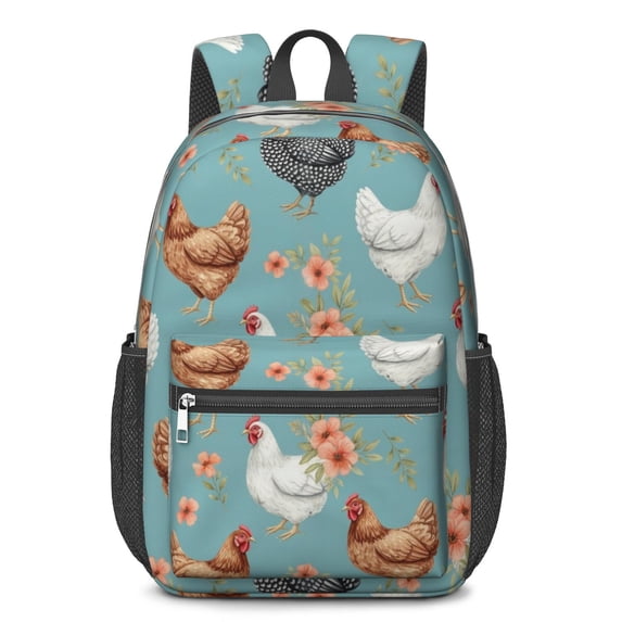 Rooster and Floral Blue Pattern 17" School Backpacks for Teens,Waterproof Oxford Fabric,S-Shape Padded Straps for School,Travel,Hiking,Camping