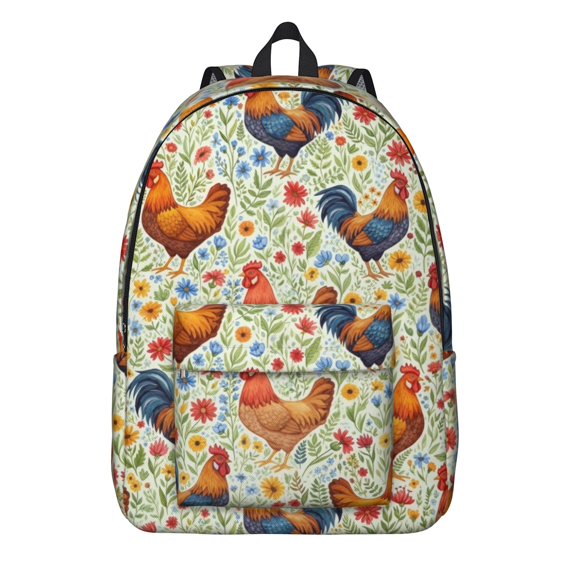 Rooster and Floral Green Pattern Backpack for School, Cute School Bag with Adjustable Shoulder Straps and Padded Back, 15.7"x11.8"x5.5"
