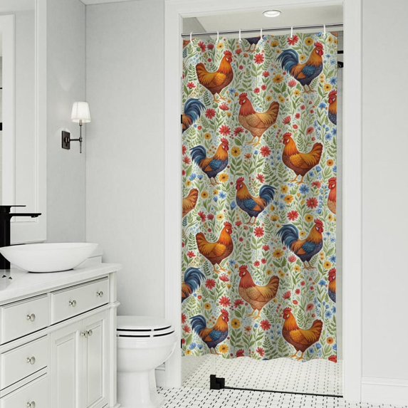 Rooster and Floral Green Pattern Modern Waterproof Shower Curtain Set with 12 Hooks, Washable Decorative Bathroom Shower Curtain