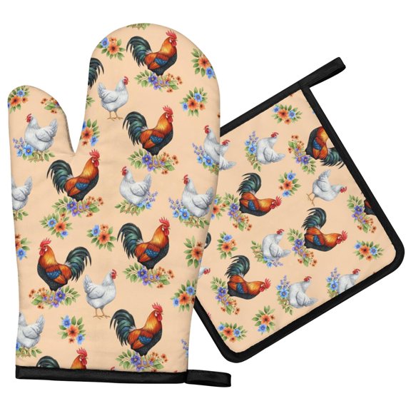 Rooster and Floral Peach Pattern Oven Mitts and Pot Holder Sets 1 Pcs for Kitchen Baking, Cooking and Grilling, Heat Resistant Up To 392 °F