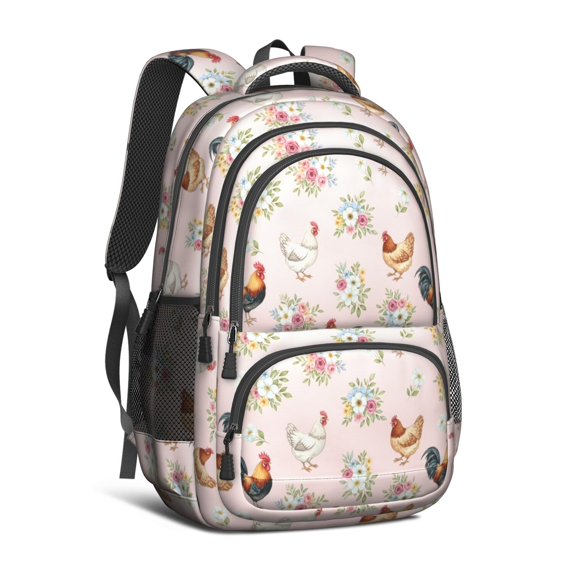 Rooster and Floral Pink Pattern Cute School Backpack Bag with Padded Back and Adjustable Shoulder Straps 16.9 X 12.6 X 5.9 Inches