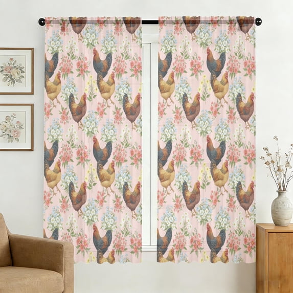 Simpl Patten Rooster and Floral Pink Pattern Sheer Curtains, Voile Drapes with Dual ...