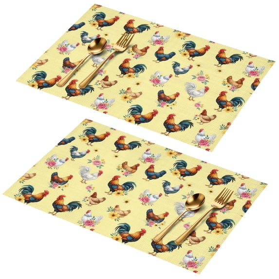 Rooster and Floral Yellow Pattern PVC Woven Placemats Set Of 2, Bar ...