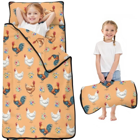 Rooster and Floral Yellow Pattern Teens Toddler Nap Mat with Pillow, Sleeping Mat Bag for Preschool Daycare 50"x20"