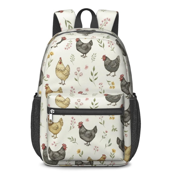 Rooster and Flower White Pattern 17" School Backpacks for Teens,Waterproof Oxford Fabric,S-Shape Padded Straps for School,Travel,Hiking,Camping
