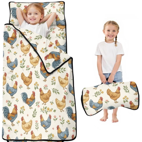 Rooster and Flower White Pattern Teens Toddler Nap Mat with Pillow, Sleeping Mat Bag for Preschool Daycare 51"x22"