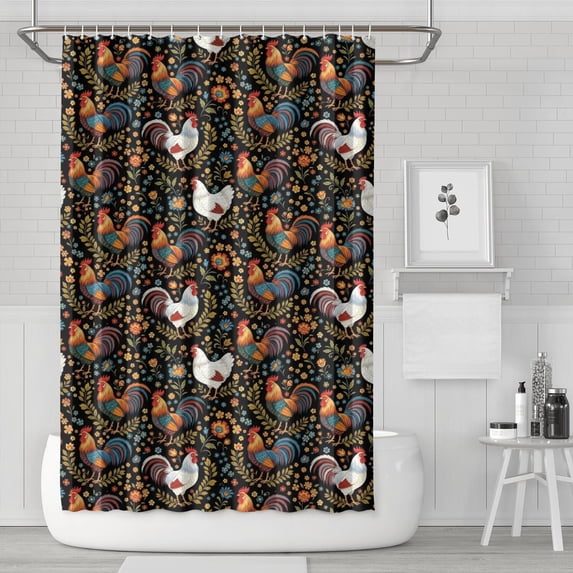 Rooster and Foliage Black Pattern Modern Waterproof Shower Curtain Set with 12 Hooks, Washable Decorative Bathroom Shower Curtain
