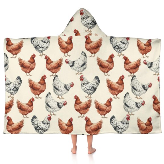 Rooster and Fowl Cream Pattern Hooded Bath Towel Wrap for Teens Ages 3 To 12, Soft Lightweight Quick Dry Microfiber Bath Beach Pool, 50"x30"
