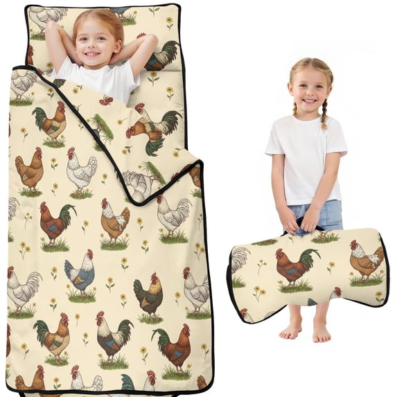 Rooster and Fowl Cream Pattern Teens Toddler Nap Mat with Pillow, Sleeping Mat Bag for Preschool Daycare 51"x22"