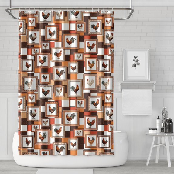 Rooster and Frame Brown Pattern Modern Waterproof Shower Curtain Set with 12 Hooks, Washable Decorative Bathroom Shower Curtain