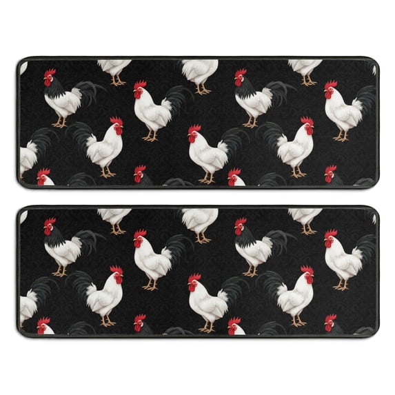 Rooster and Hen Black Pattern Anti Fatigue Kitchen Rugs Set Of 2, Non Slip Washable Decorative Floor Mats for Sink Laundry and Home Use, 17"x47"