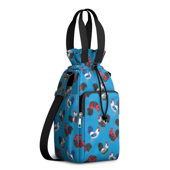 Rooster and Hen Blue Pattern Water Bottle Holder with Strap, Insulated ...