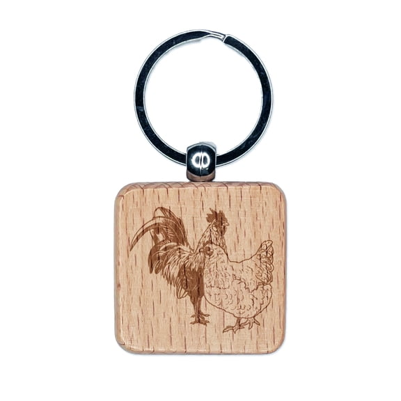 Rooster and Hen Chicken Couple Square Keychain Charm Tag - Engraved Wood