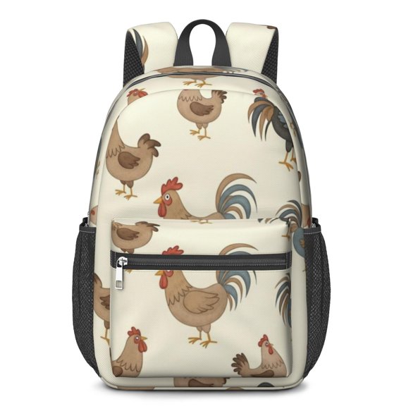 Rooster and Hen Cream Pattern 17" School Backpacks for Teens,Waterproof Oxford Fabric,S-Shape Padded Straps for School,Travel,Hiking,Camping