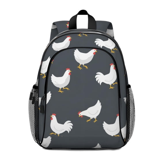 Rooster and Hen Grey Pattern Backpack for School, Cute School Bag with Adjustable Shoulder Straps and Padded Back, 15"x11.42"x5.5"