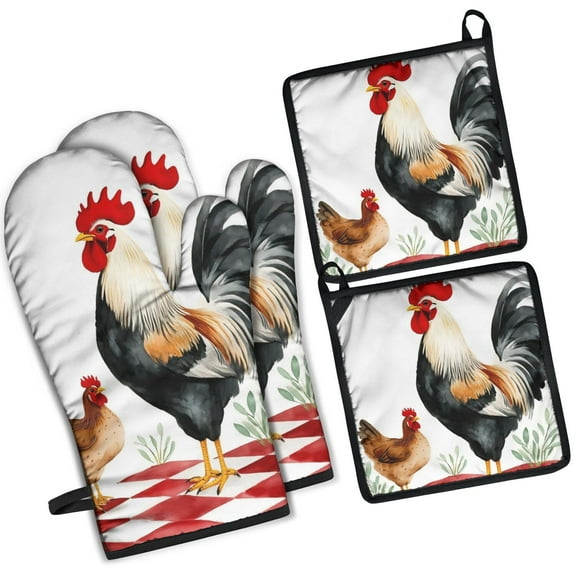 Rooster and Hen Kitchen Oven Mitt and Pot Holder Sets 4 Pcs for Baking, Cooking and Grilling, Heat Resistant Up To 392 °F