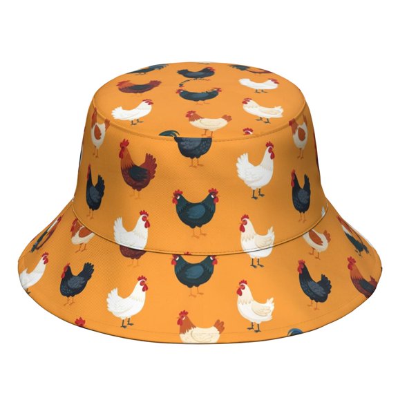 Rooster and Hen Orange Pattern Bucket Hat, Travel Foldable Hat with Wide Brim & Breathable Fabric, Foldable Design Gifts for Unisex Men Women