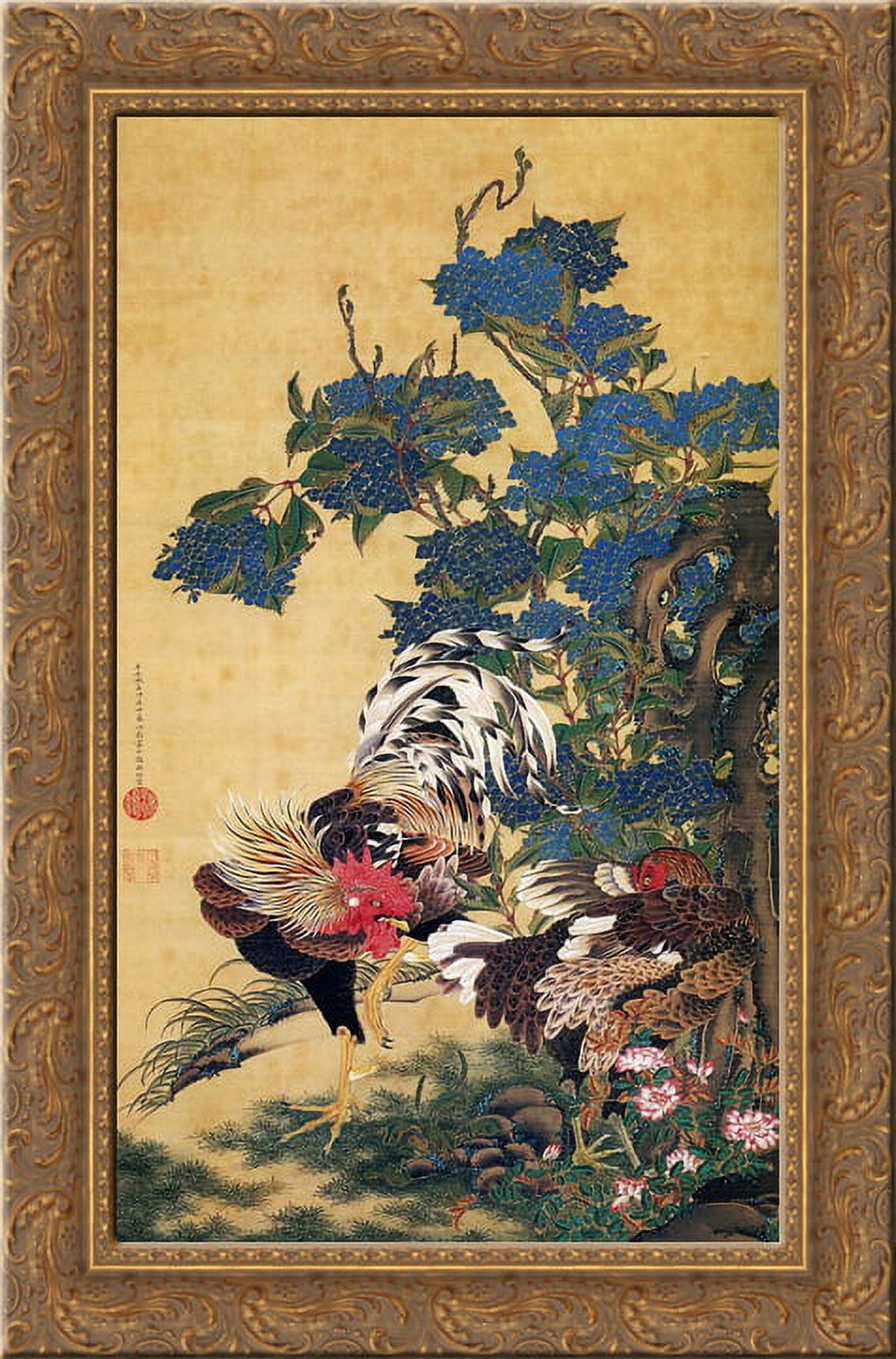 Rooster and Hen with Hydrangeas 24x16 Gold Ornate Wood Framed