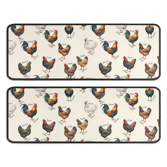 Rooster and Label Cream Pattern Anti Fatigue Kitchen Rugs Set Of 2, Non Slip Washable Decorative Floor Mats for Sink Laundry and Home Use, 17"x47"