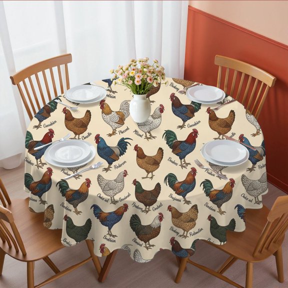 Rooster and Name Beige Pattern Round Tablecloth 60"x60", Wrinkle Resistant Wipeable Table Cover for Kitchen Dining Room Picnic Patio and Party