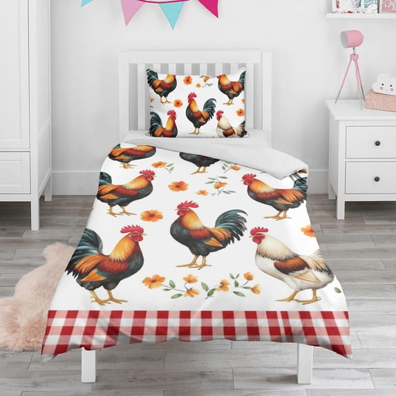 Rooster and Orange Flowers Pattern Duvet Cover and Pillowcase Set for Single Bedding, Bedroom Accessories for Kids Teens