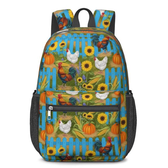 Rooster and Pumpkin Blue Pattern 17" School Backpacks for Teens,Waterproof Oxford Fabric,S-Shape Padded Straps for School,Travel,Hiking,Camping